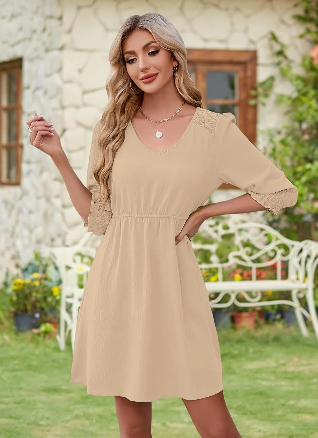 Womens Spring Summer Tunic Dress Short Sleeve V Neck Casual Loose Flowy Swing Mini Shift Dresses with Pockets