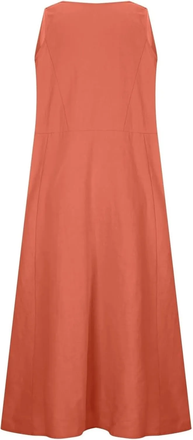 Women's Summer Cotton Linen Long Dress Sleeveless Elegant Flowy Maxi Dresses Plus Size Loose Comfy Dress with Pockets