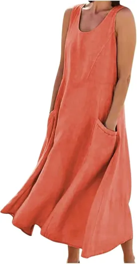 Women's Summer Cotton Linen Long Dress Sleeveless Elegant Flowy Maxi Dresses Plus Size Loose Comfy Dress with Pockets