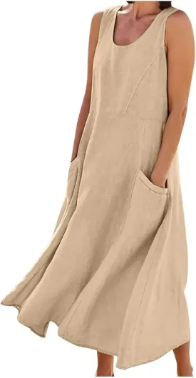 Women's Summer Cotton Linen Long Dress Sleeveless Elegant Flowy Maxi Dresses Plus Size Loose Comfy Dress with Pockets