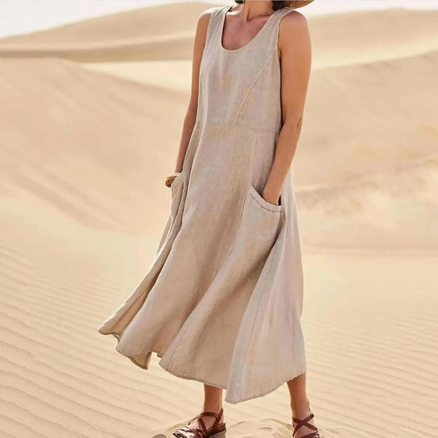 Women's Summer Cotton Linen Long Dress Sleeveless Elegant Flowy Maxi Dresses Plus Size Loose Comfy Dress with Pockets