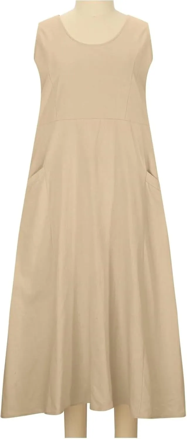 Women's Summer Cotton Linen Long Dress Sleeveless Elegant Flowy Maxi Dresses Plus Size Loose Comfy Dress with Pockets