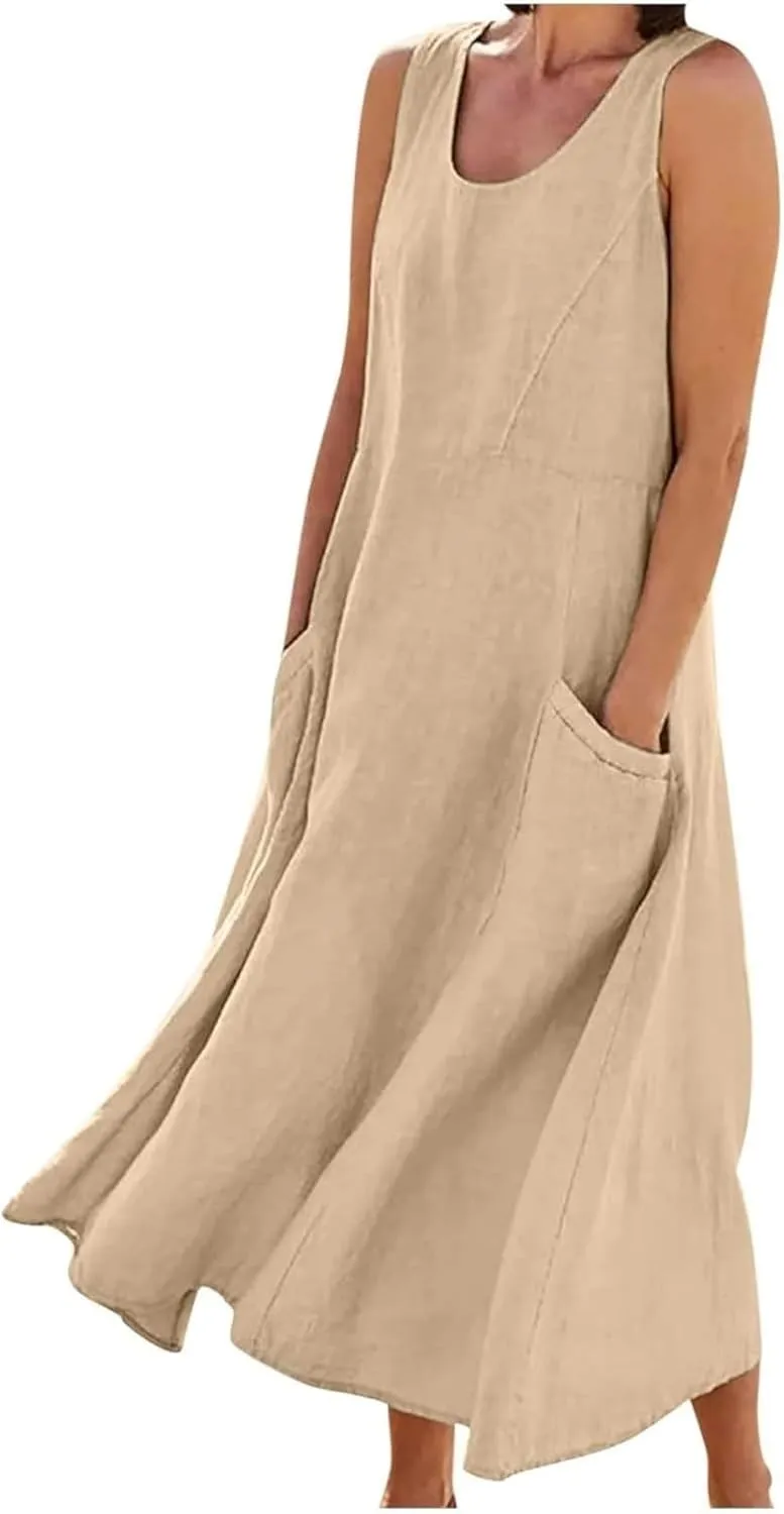 Women's Summer Cotton Linen Long Dress Sleeveless Elegant Flowy Maxi Dresses Plus Size Loose Comfy Dress with Pockets