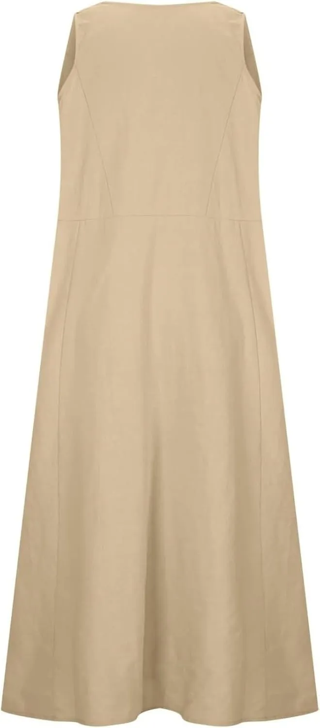 Women's Summer Cotton Linen Long Dress Sleeveless Elegant Flowy Maxi Dresses Plus Size Loose Comfy Dress with Pockets