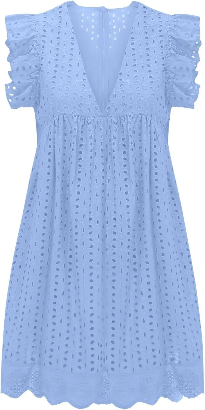 Womens Summer Dresses Cap Sleeve Babydoll Eyelet Ruffle V Neck Mini Dress Plus Size Casual Loose Sundress with Pockets Party