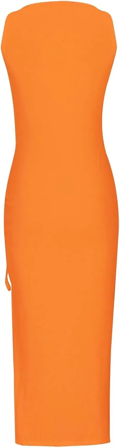 Womens Summer Dresses for Women Sexy Sleeveless Side Slit Bodycon Maxi Dress Casual Ruched Ribbed Knit Tank Beach