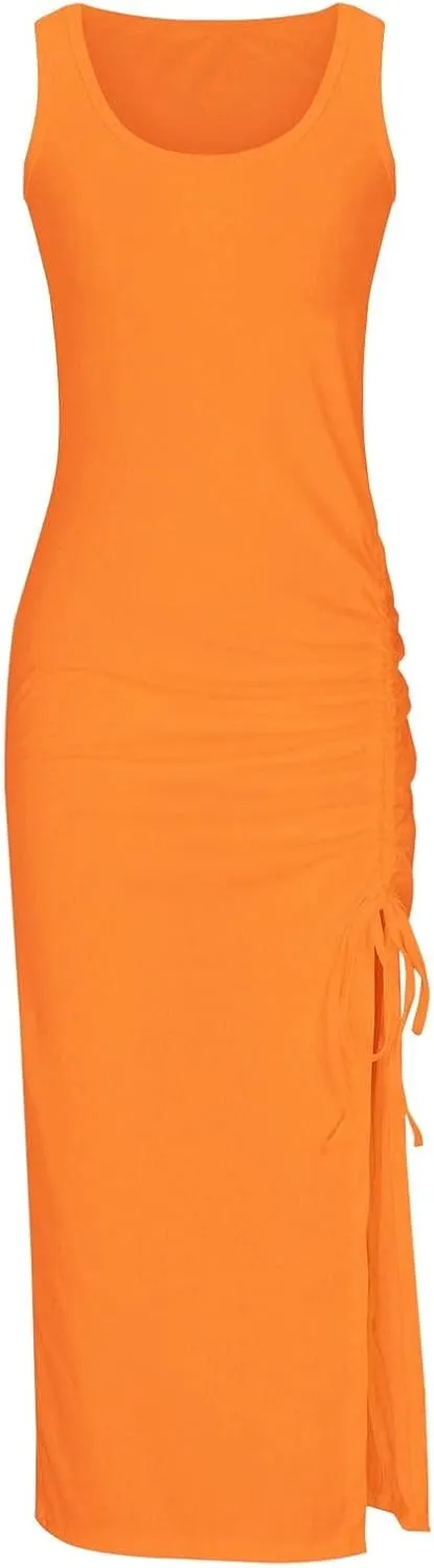Womens Summer Dresses for Women Sexy Sleeveless Side Slit Bodycon Maxi Dress Casual Ruched Ribbed Knit Tank Beach