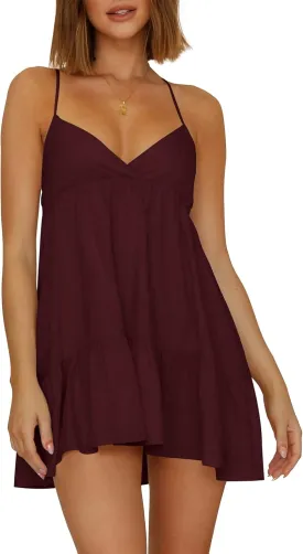 Womens V Neck Crisscross Backless Dresses Tie Back Sleeveless Ruffle Hem Flowy Swing A-Line Vintage Summer Mini Dress