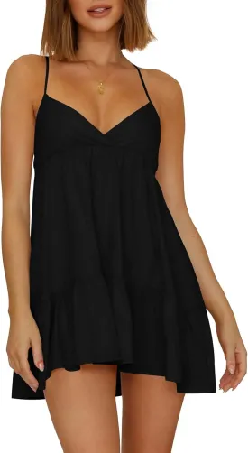 Womens V Neck Crisscross Backless Dresses Tie Back Sleeveless Ruffle Hem Flowy Swing A-Line Vintage Summer Mini Dress