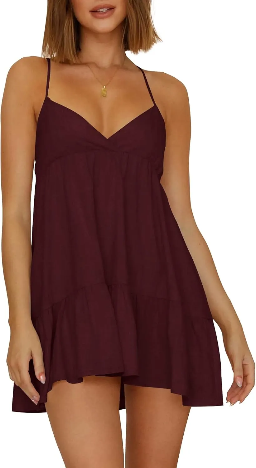 Womens V Neck Crisscross Backless Dresses Tie Back Sleeveless Ruffle Hem Flowy Swing A-Line Vintage Summer Mini Dress