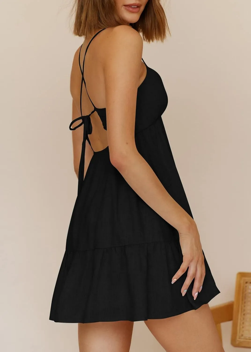 Womens V Neck Crisscross Backless Dresses Tie Back Sleeveless Ruffle Hem Flowy Swing A-Line Vintage Summer Mini Dress