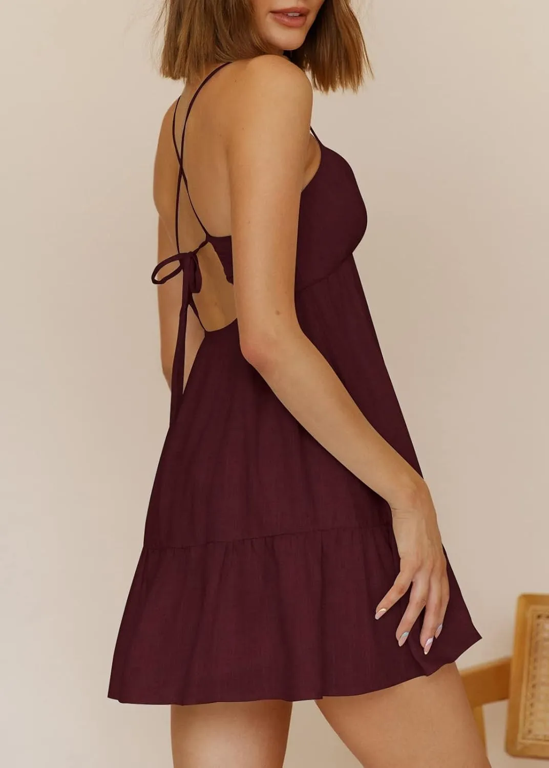Womens V Neck Crisscross Backless Dresses Tie Back Sleeveless Ruffle Hem Flowy Swing A-Line Vintage Summer Mini Dress