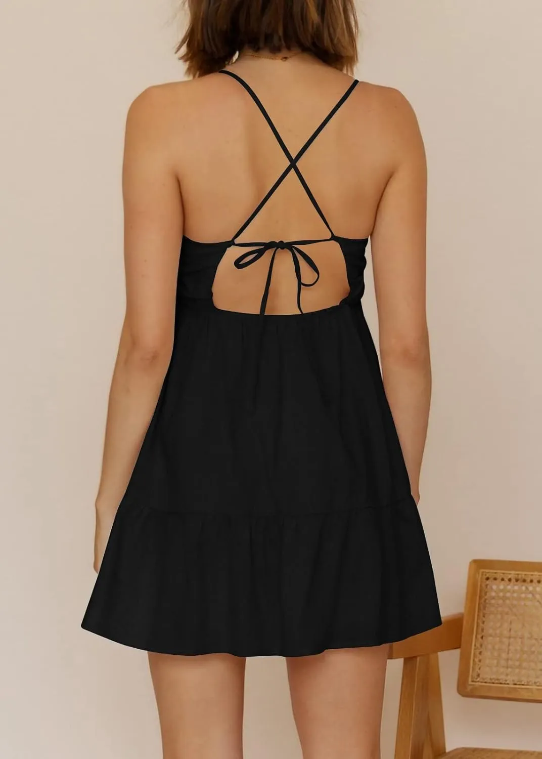 Womens V Neck Crisscross Backless Dresses Tie Back Sleeveless Ruffle Hem Flowy Swing A-Line Vintage Summer Mini Dress
