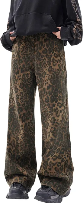Y2k Leopard Pants Wide Leg Jeans Woman Loose Fit Jeans Hip Hop Pants Vintage Baggy Trousers